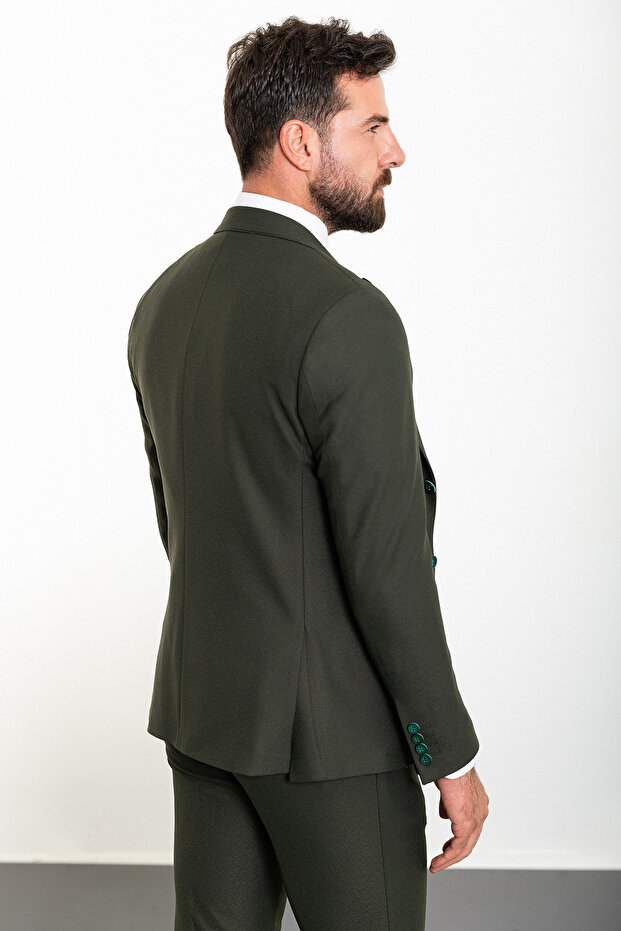Egyenes, karcsúsított, széles galléros gyapjú klasszikus férfi öltöny, khaki - 45252.23K - 5