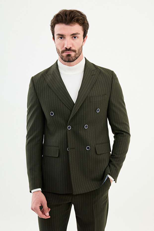 Striped Slim Fit Wide Collar Double Breasted Classic Men's Suit Khaki - 45348.24K
