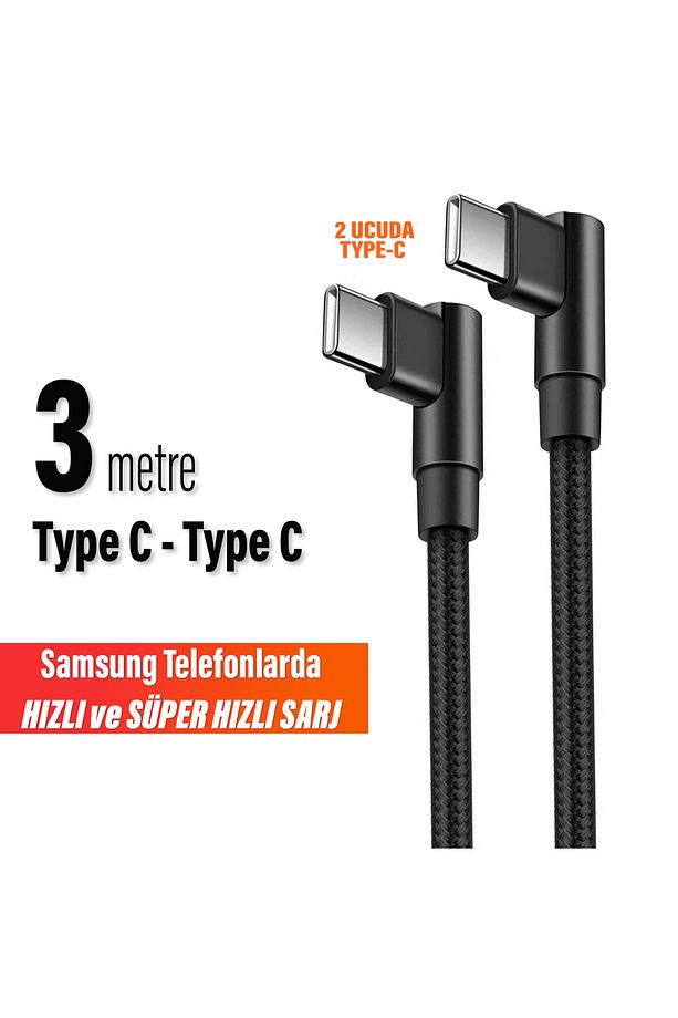 3 Metre TYPE-C Şarj Kablosu HIZLI Şarj Samsung Uyumlu Type c to Type C Uzun - 1