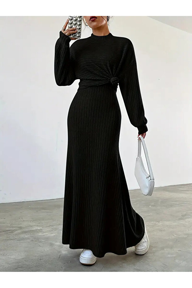 Black Long Sleeve Round Neck Bottom Top Slinky Dress Set