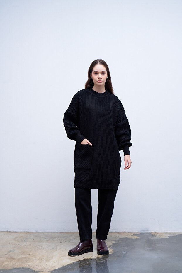 Tek Cepli Örgülü Triko Siyah - 1