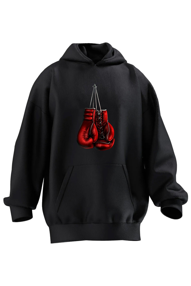 Unisex Black Gloves Boxing - Red Printed, 3 Thread Hooded Sweatshirt
