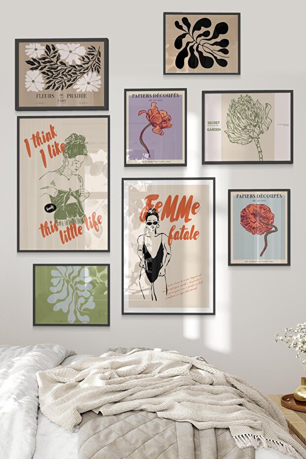 Siyah Tablo Seti, 8 Adet Çerçeve Seti,Vintage Doğanın Zerafeti Temalı Galeri Poster Seti NO:032 - 2