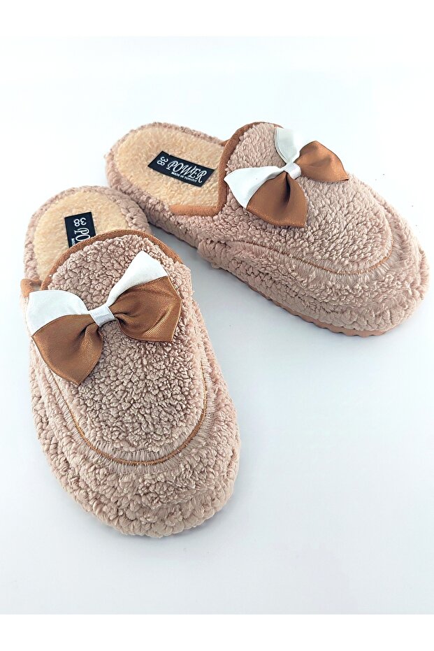 Beige Bow Tie Bow Plush Winter Women's Slippers