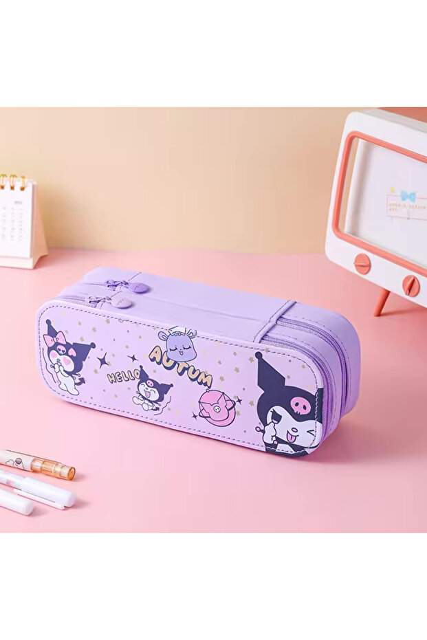 Kuromi Kawaii Pencil Case Double Zipper Double-Deck Cute Pink Girl Children's Pencil Case
