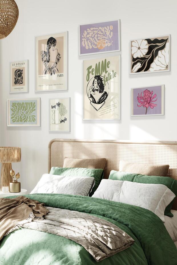 Beyaz Tablo Seti, 8 Adet Çerçeve Seti,Femme - Minimalist Temalı Galeri Poster Seti NO:035 - 1