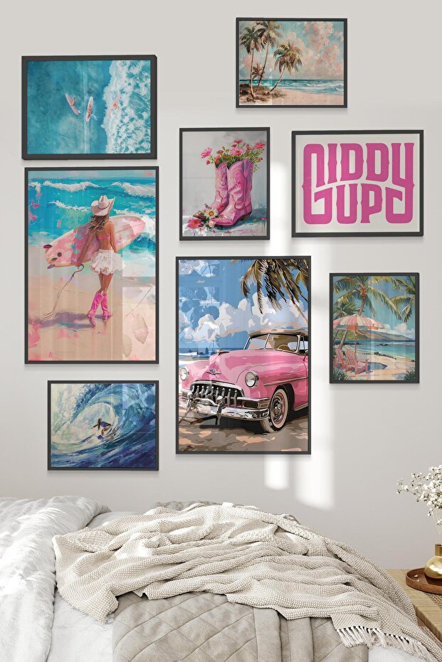 Siyah Tablo Seti, 8 Adet Çerçeve Seti,Pembe Renkli Sahil Temalı Galeri Poster Seti NO:010 - 2