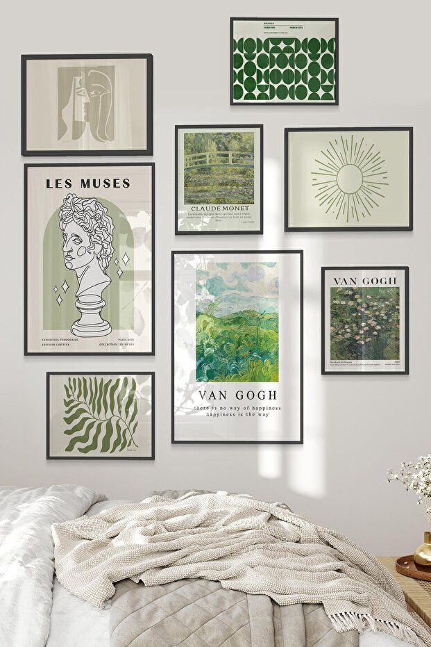 Siyah Tablo Seti, 8 Adet Çerçeve Seti,Minimalist ve Yeşil Van Gogh Temalı Galeri Poster Seti NO:011 - 2