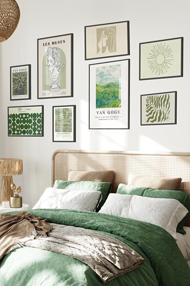 Siyah Tablo Seti, 8 Adet Çerçeve Seti,Minimalist ve Yeşil Van Gogh Temalı Galeri Poster Seti NO:011 - 1
