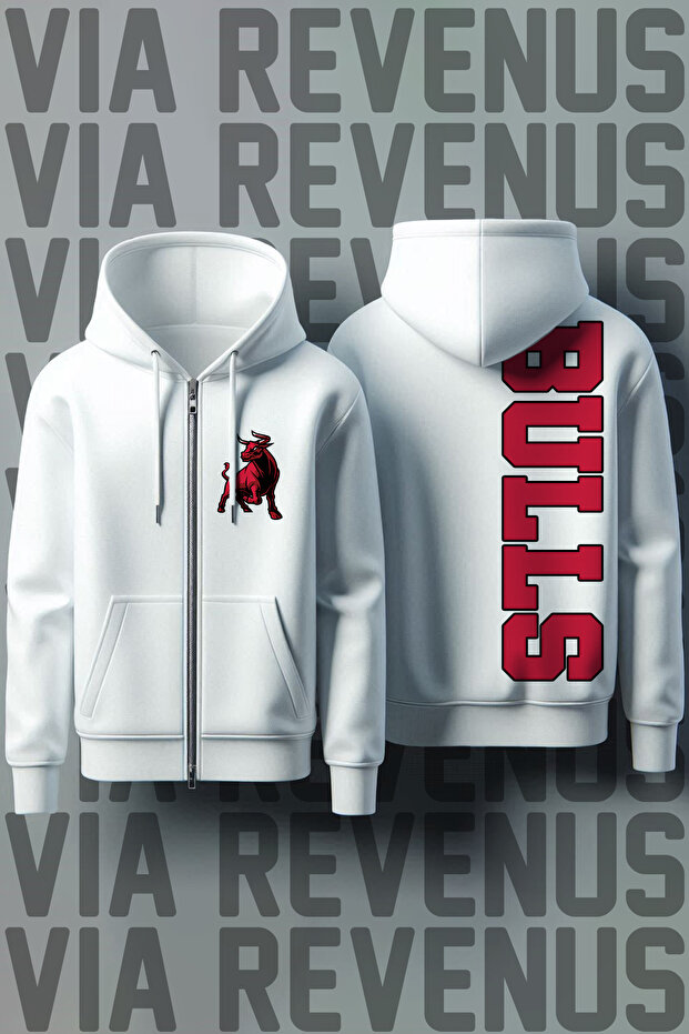 Bulls Front and Back Printed Unisex Zippered Hooded White Sweatshirt Cardigan
