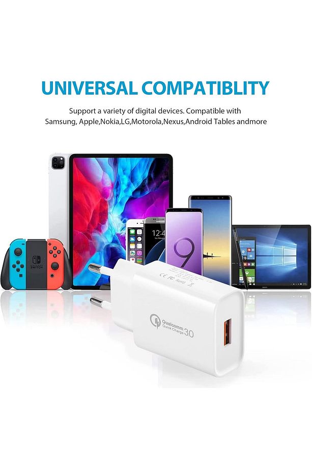 Yeni Nesil 3.0 Qualcomm Hızlı Şarj İos Android Uyumlu USB Fast Charge Ev Başlık Kafa Beyaz - 2