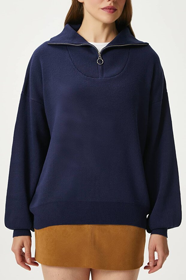 Kadın Bruno Basic Fermuarlı Lacivert Kazak - 2