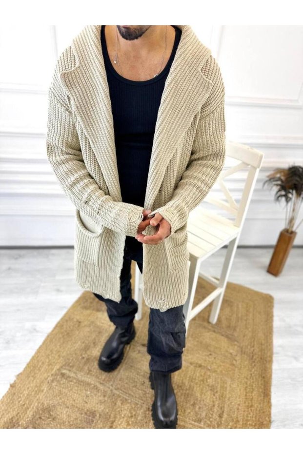 Cardigan Hooded Pocket Natural Cotton Laser Cut Ripped Detailed Knitted Knitwear Long Poncho Cardigan