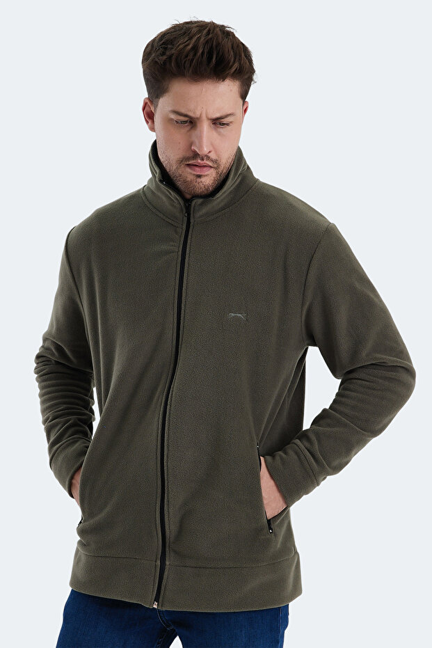 Kadmos Men's Zippered Stand Collar Pocket Khaki Fleece