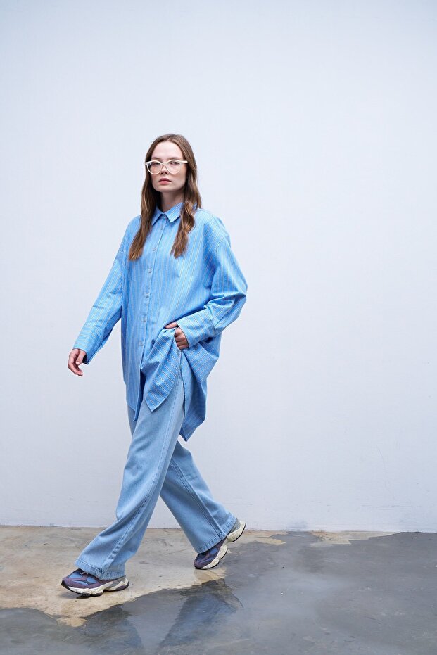 Oversize Çizgili Gömlek Mavi - 1