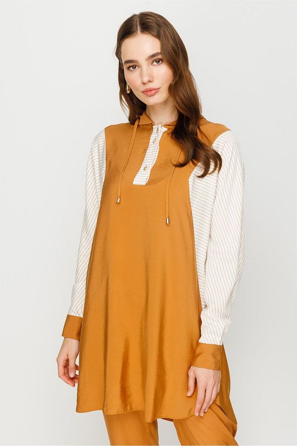 Garni Detaylı Rahat Kumaşlı Kapişonlu Tunik Taba - 6