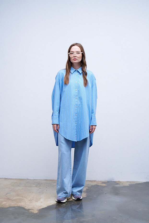 Oversize Çizgili Gömlek Mavi - 4