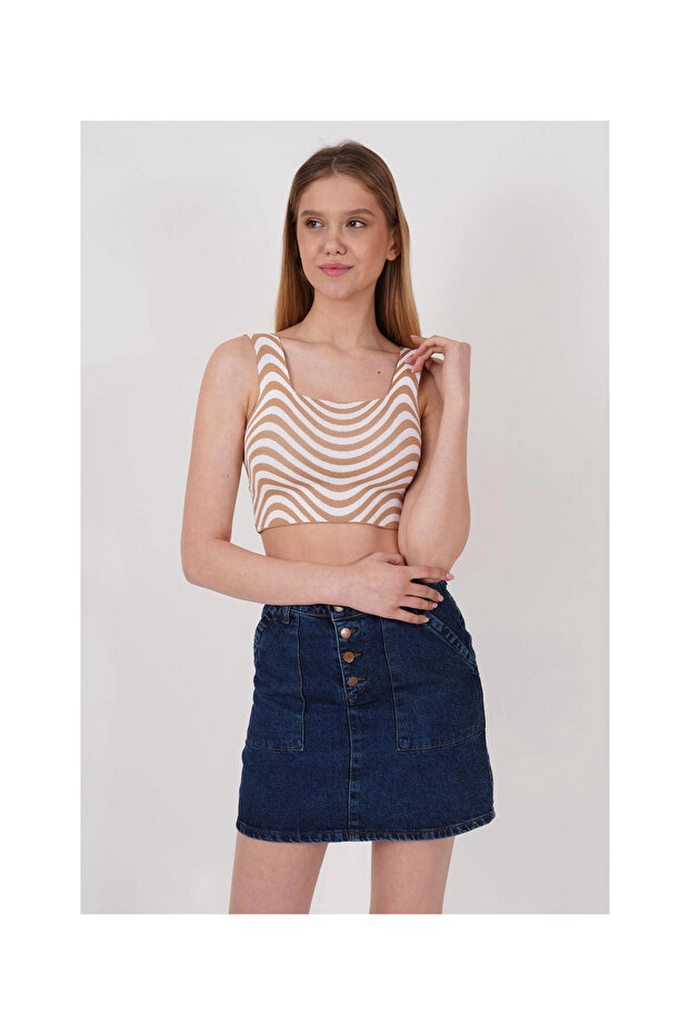23256429 Knitwear Zebra Patterned Square Neck Crop Undershirt Beige