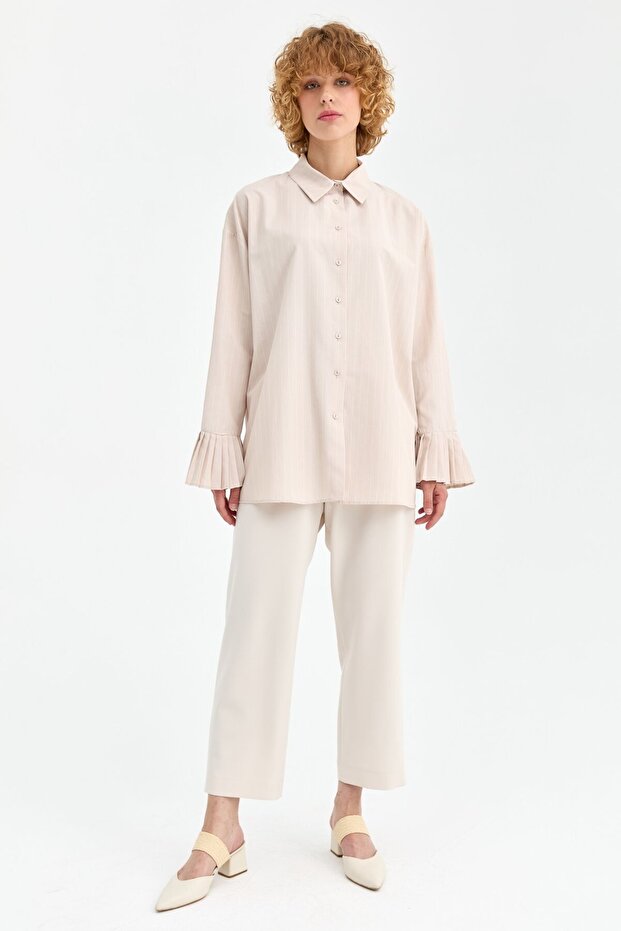 Piliseli Kol Detaylı Tunik Bej - 1