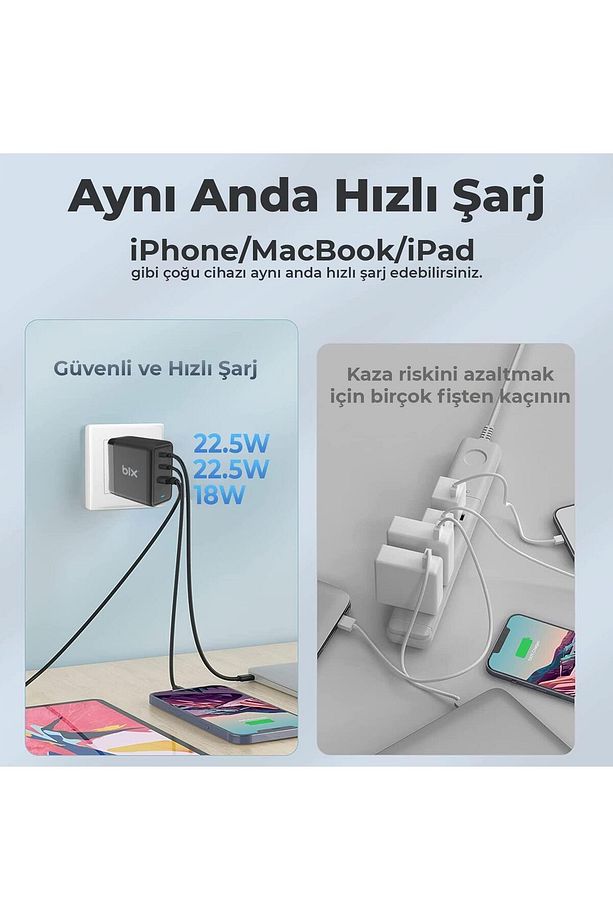 65w Gan Usb Type-c Qc 4.0 Pd 3 Portlu Hızlı Şarj Cihazı Siyah - 3