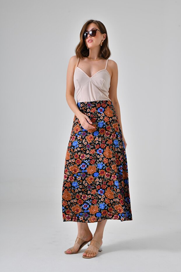 Blue Floral Midi Woven Skirt