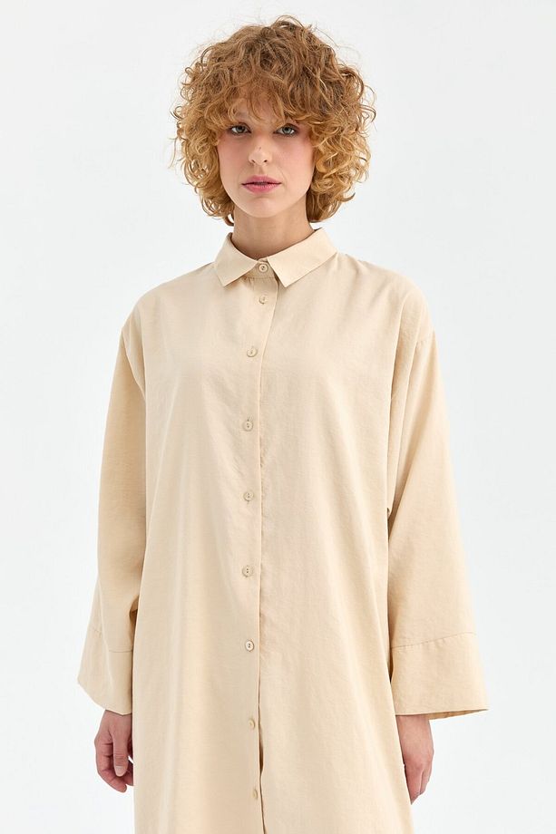 Soft Kumaş Uzun Kurtarıcı Kapatıcı Tunik Elbise  Bej - 1