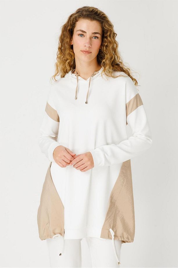 . Kumaş Garnili Kapişonlu Tunik Ekru - 4