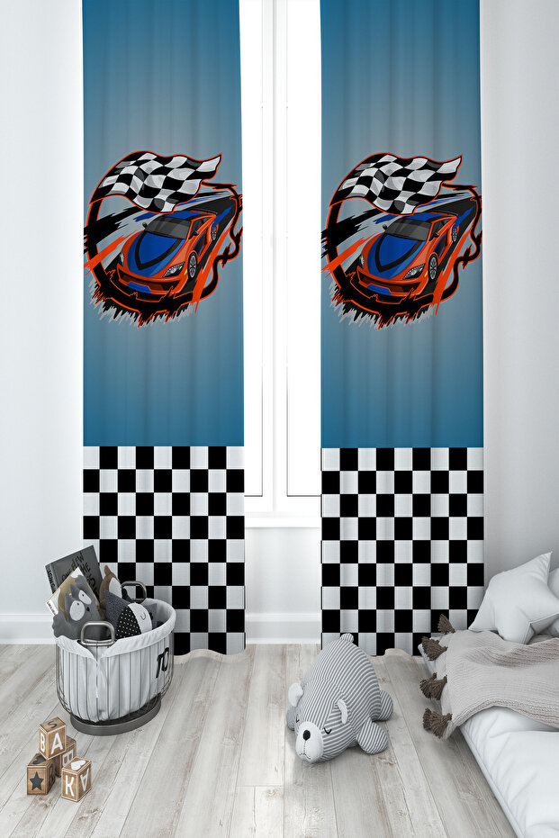 BABY AND KIDS ROOM Blue McQueen Patterned 2 Wing Background Curtain