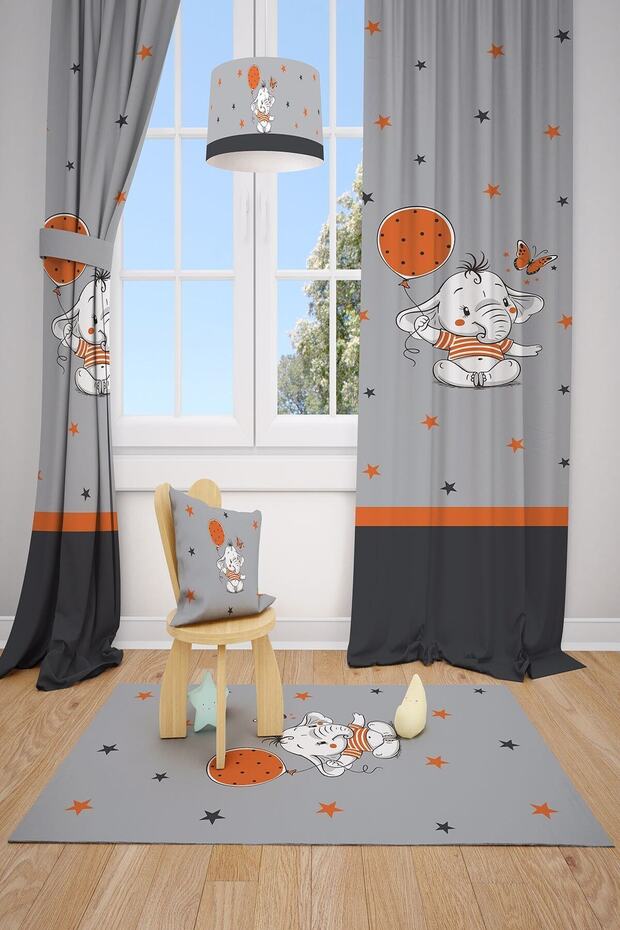 Orange Balloon Children's and Baby's Room Background Curtain 2 Wings