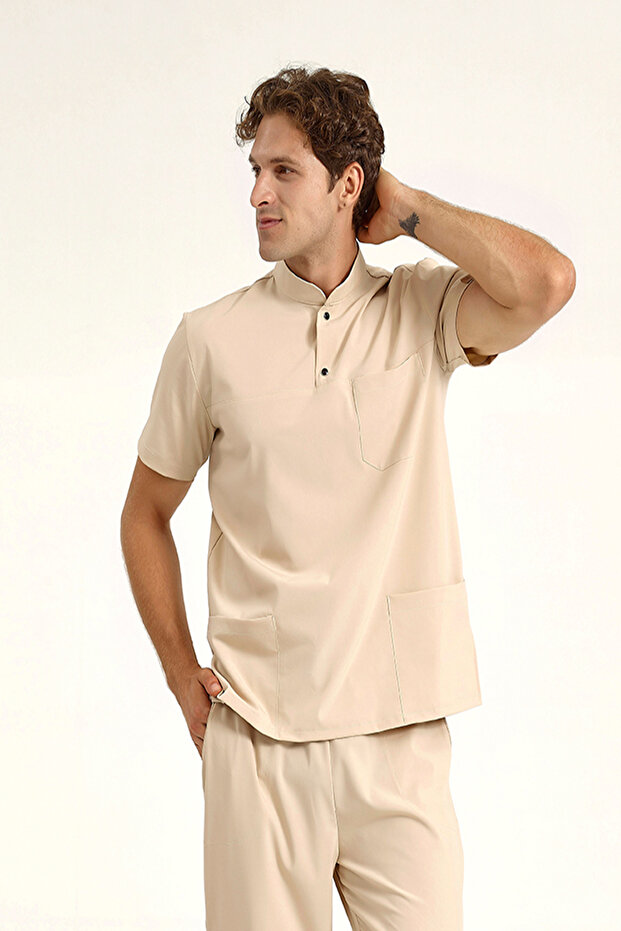 Single Top Snap Fastener Lycra Men's Doctor and Nurse Surgical Uniform Beige | Brlsnapsm