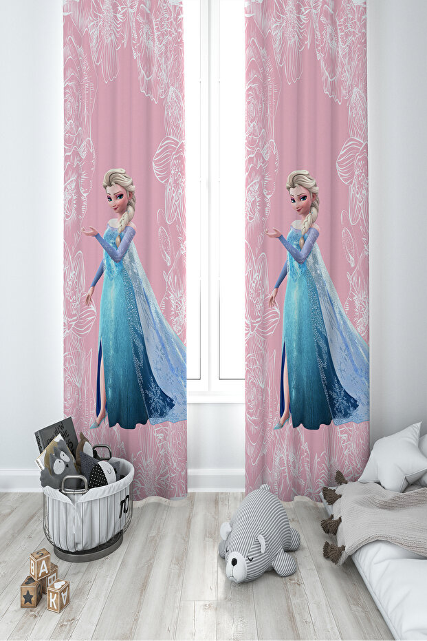 BABY AND KIDS ROOM Motif Elsa Patterned Pink 2 Wing Background Curtain