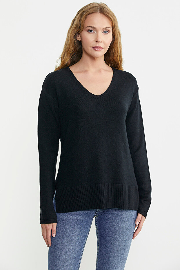 Salaş V Yaka Basic Triko Kazak - Siyah - 1