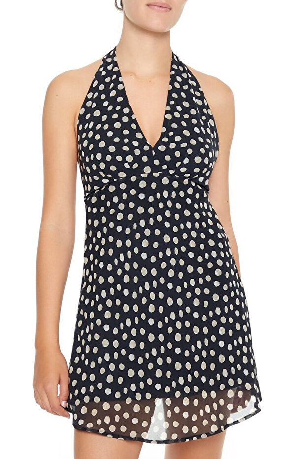 Halter Yaka Puantiyeli Mini Elbise - 1