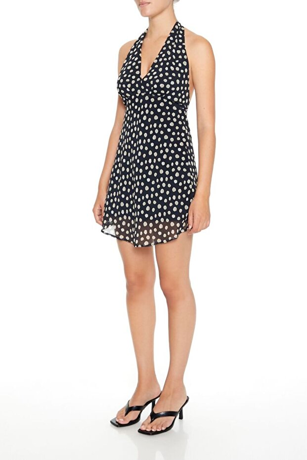 Halter Yaka Puantiyeli Mini Elbise - 4