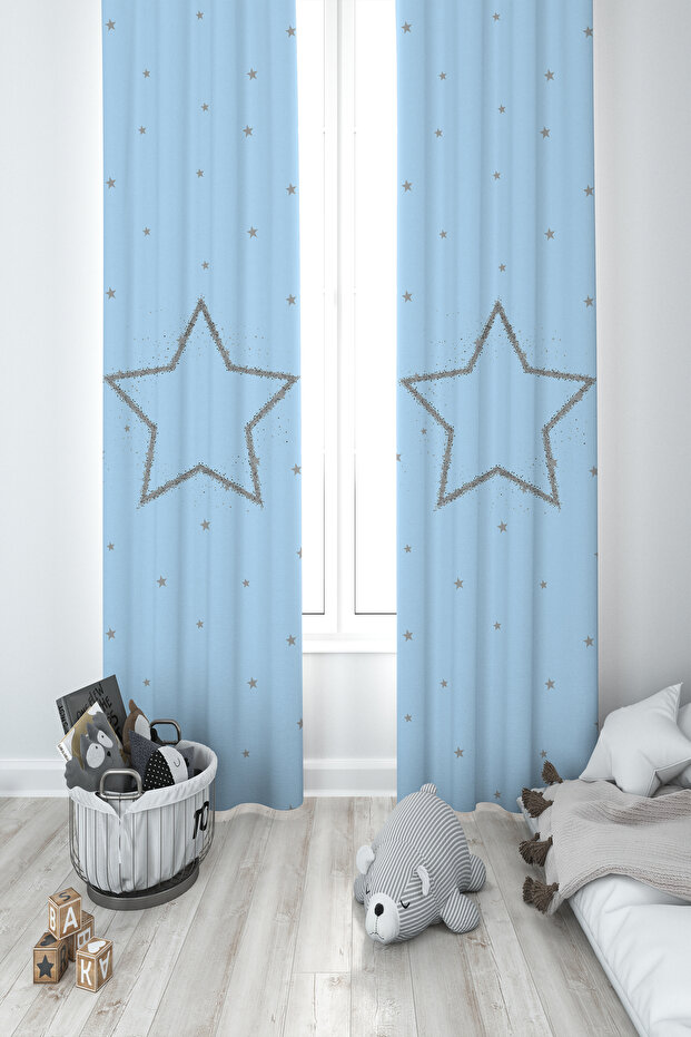 BABY AND KIDS ROOM Large Gray Star Patterned Blue 2 Wing Background Curtain