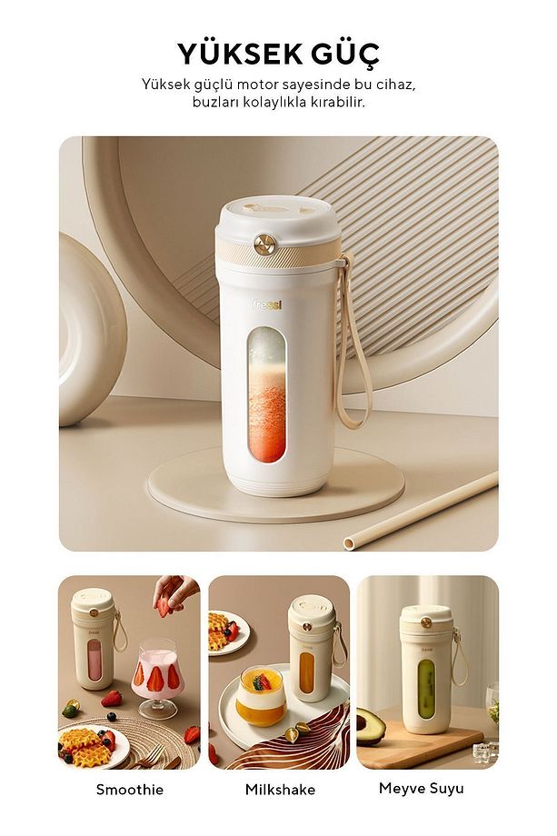 Kişisel Smoothie Blender Taşınabilir Şarjlı Öğütücü Fonksiyon Smothie Blendır 80w 350ml Krem Fr-bl03 - 6