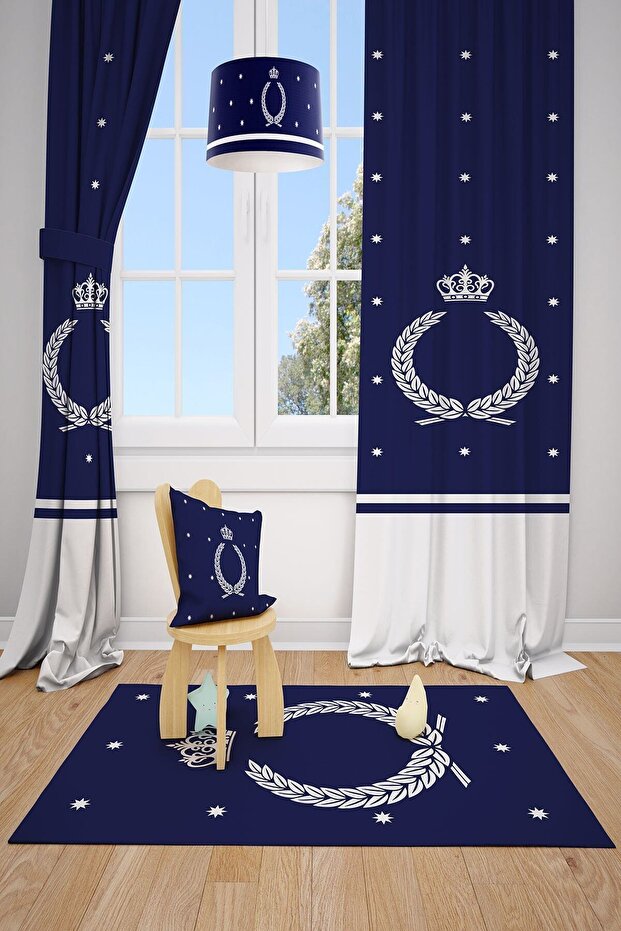 Navy Blue Modern Children's Room Curtain, 2 Panels, MKT-144