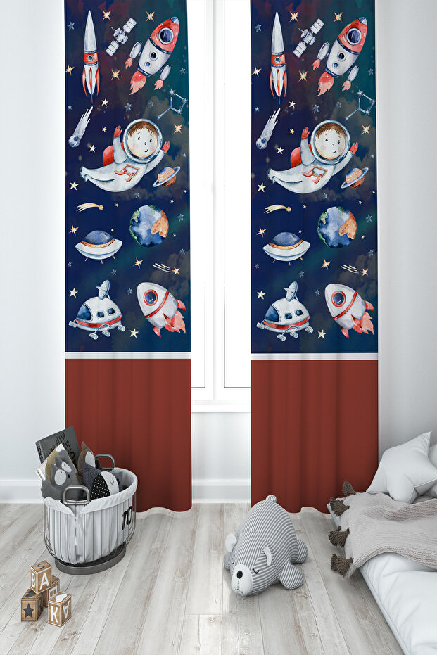 BABY AND KIDS ROOM Alien Astronaut Patterned 2 Wing Background Curtain