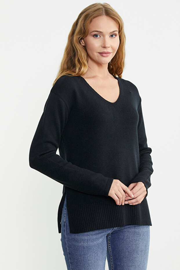 Salaş V Yaka Basic Triko Kazak - Siyah - 3