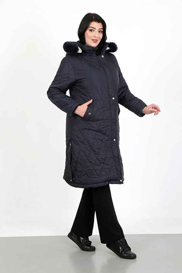 Women's Navy Blue Long Jessica Quilted Large Size Coat
