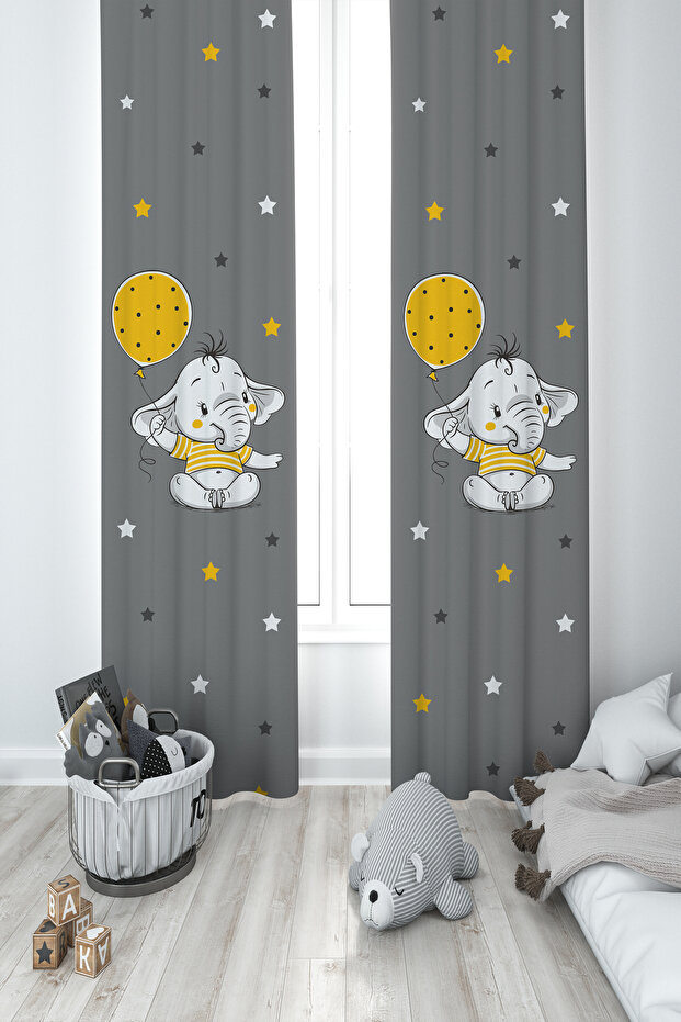 BABY AND KIDS ROOM Yellow Elephant Balloon Patterned 2 Wings Background Curtain