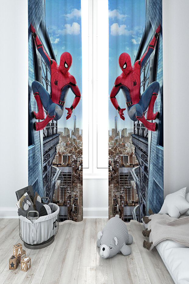 BABY AND KIDS ROOM Spider-Man Patterned 2 Wing Background Curtain
