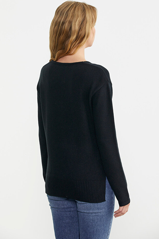 Salaş V Yaka Basic Triko Kazak - Siyah - 5