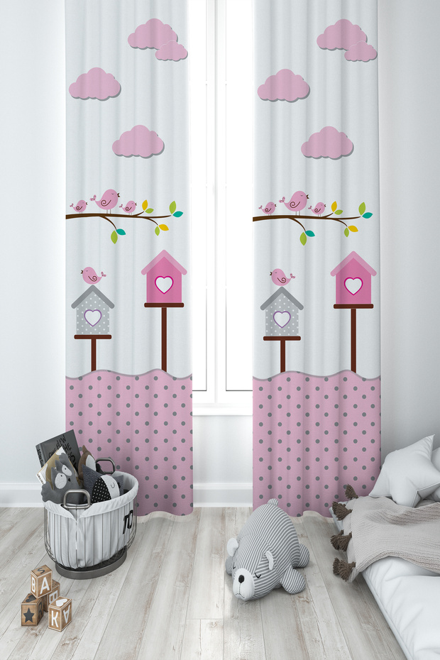 BABY AND CHILDREN'S ROOM Patterned 2 Wing Background Curtain with Bird Nest