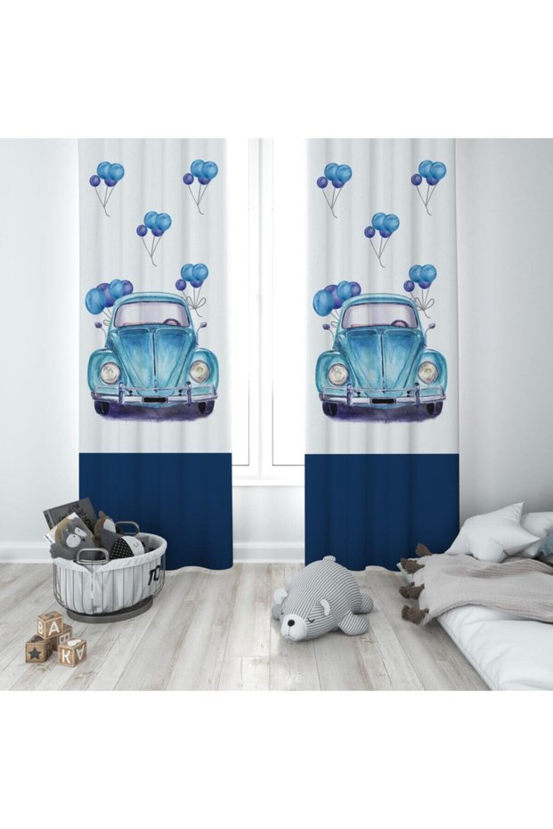 Blue Children's and Baby's Room Background Curtain with Car and Balloons 2 Wings Mktp-228
