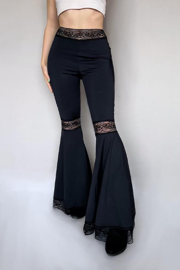 Dantel detaylı elastan ispanyol paça pantolon - 5