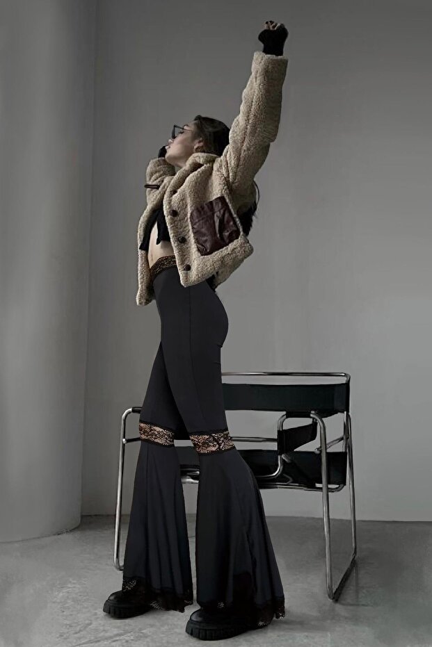 Dantel detaylı elastan ispanyol paça pantolon - 4