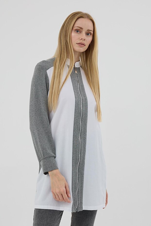 Mloodbasic Dik Yakalı Fermuarlı Tunik - Gri - 3