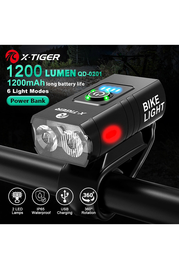 QD-0201 X-TIGER Bike Light Set Front Light with Taillight USB Rechargeable Easy Install 6 Modes Bicy