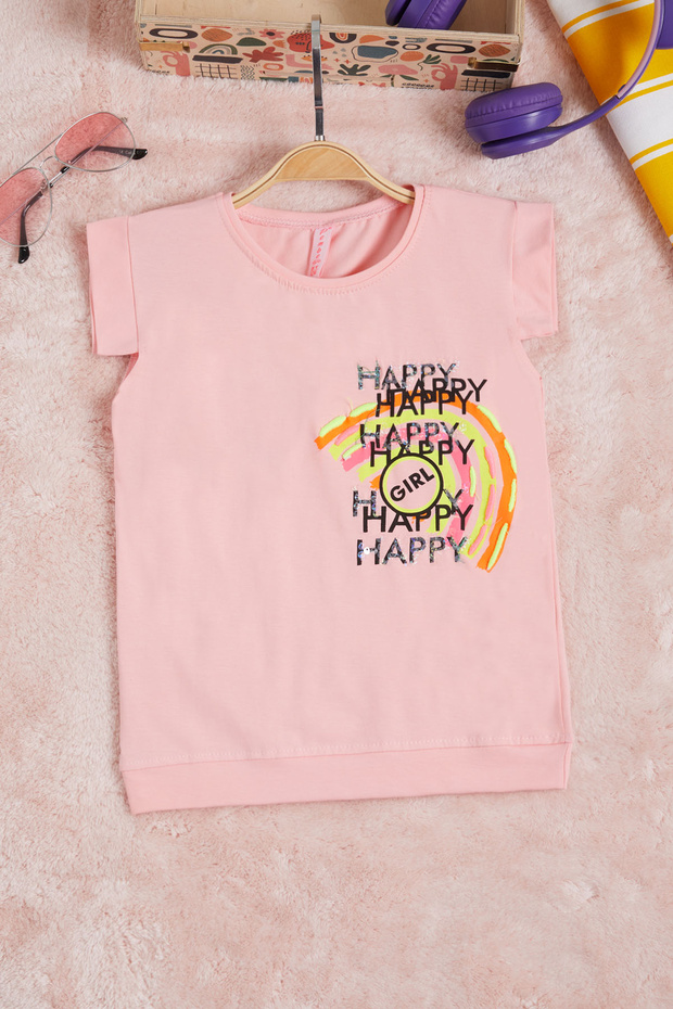 Pink Rainbow Embroidered Girl's T-Shirt 15566